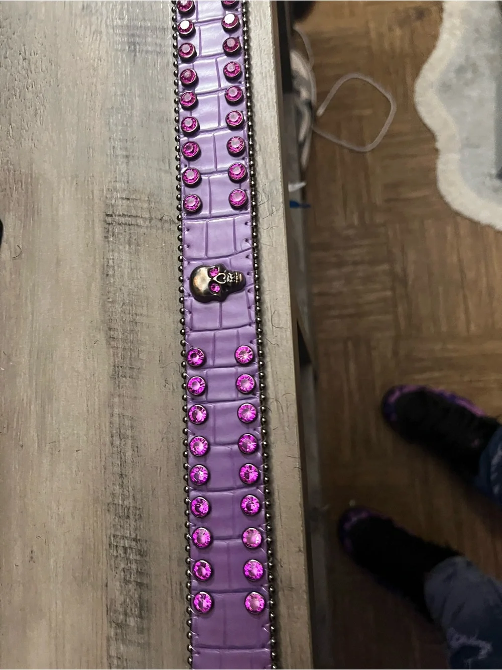B.B. Simon Purple Leather Belt with Pink Crystal Studs and Skull Accent